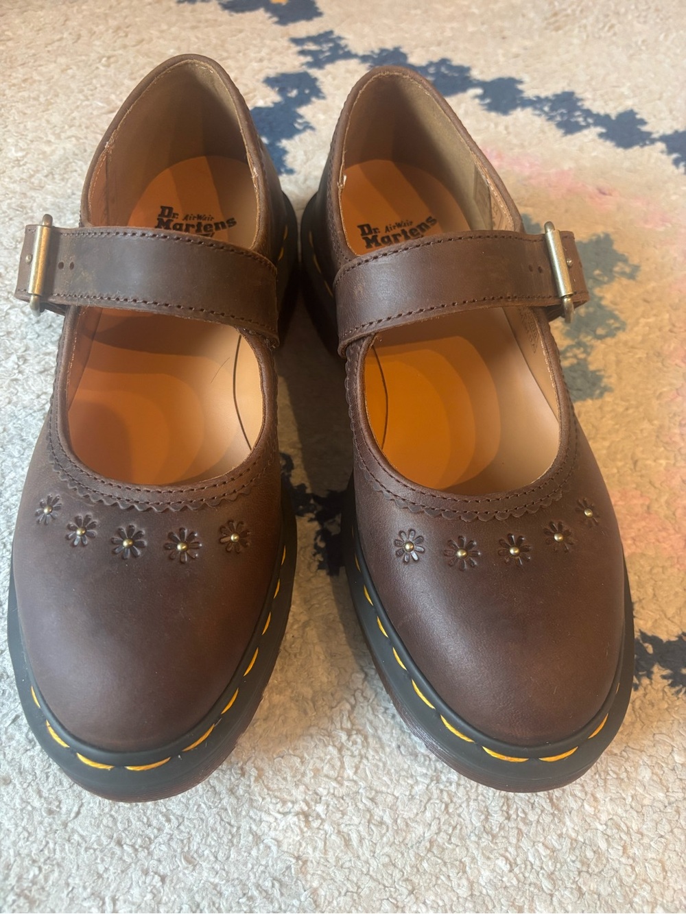 Dr. Martens Brown Mary Jane Shoes with Floral Detail